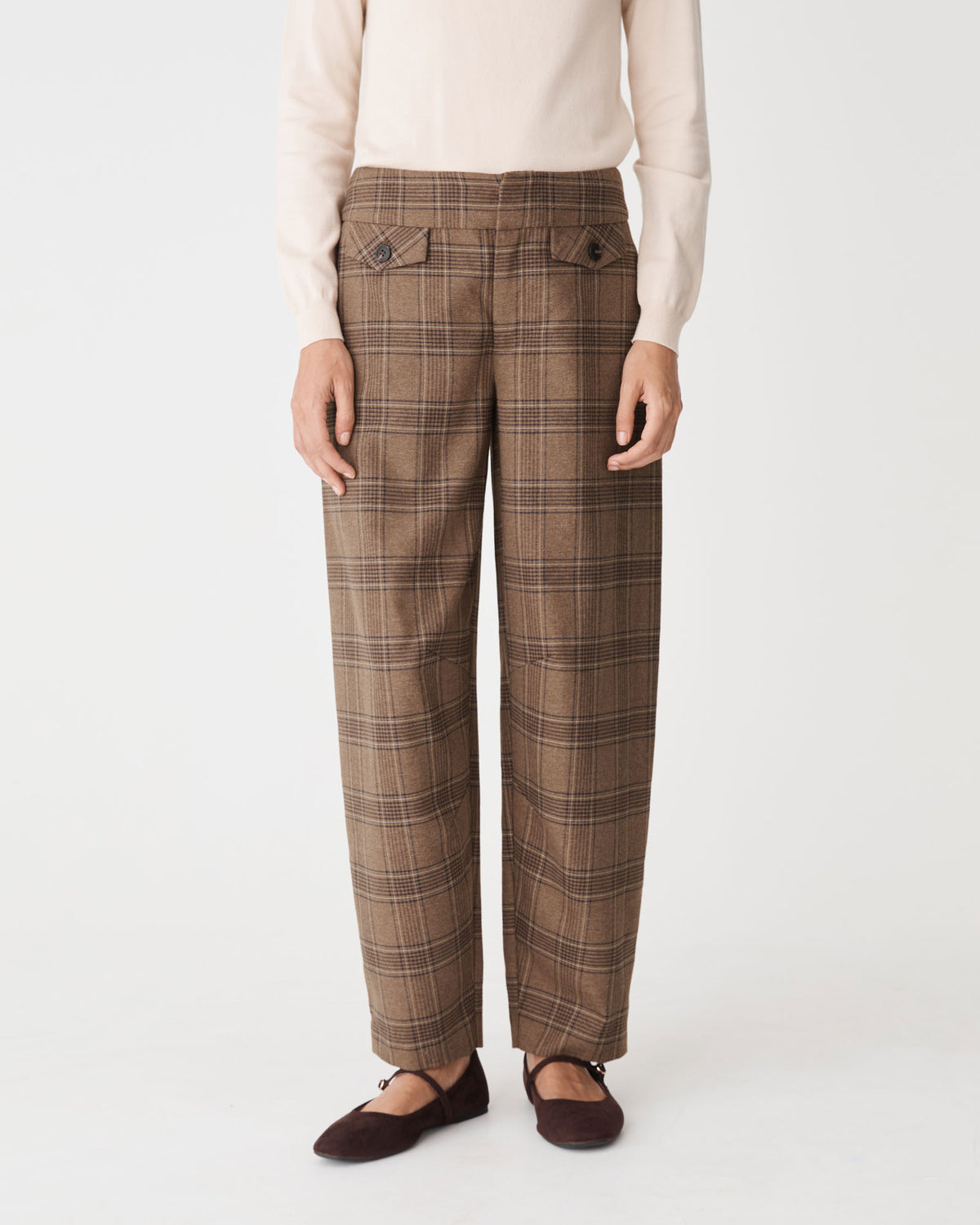 Lani Barrel Leg Check Pants in camel check — close-up view