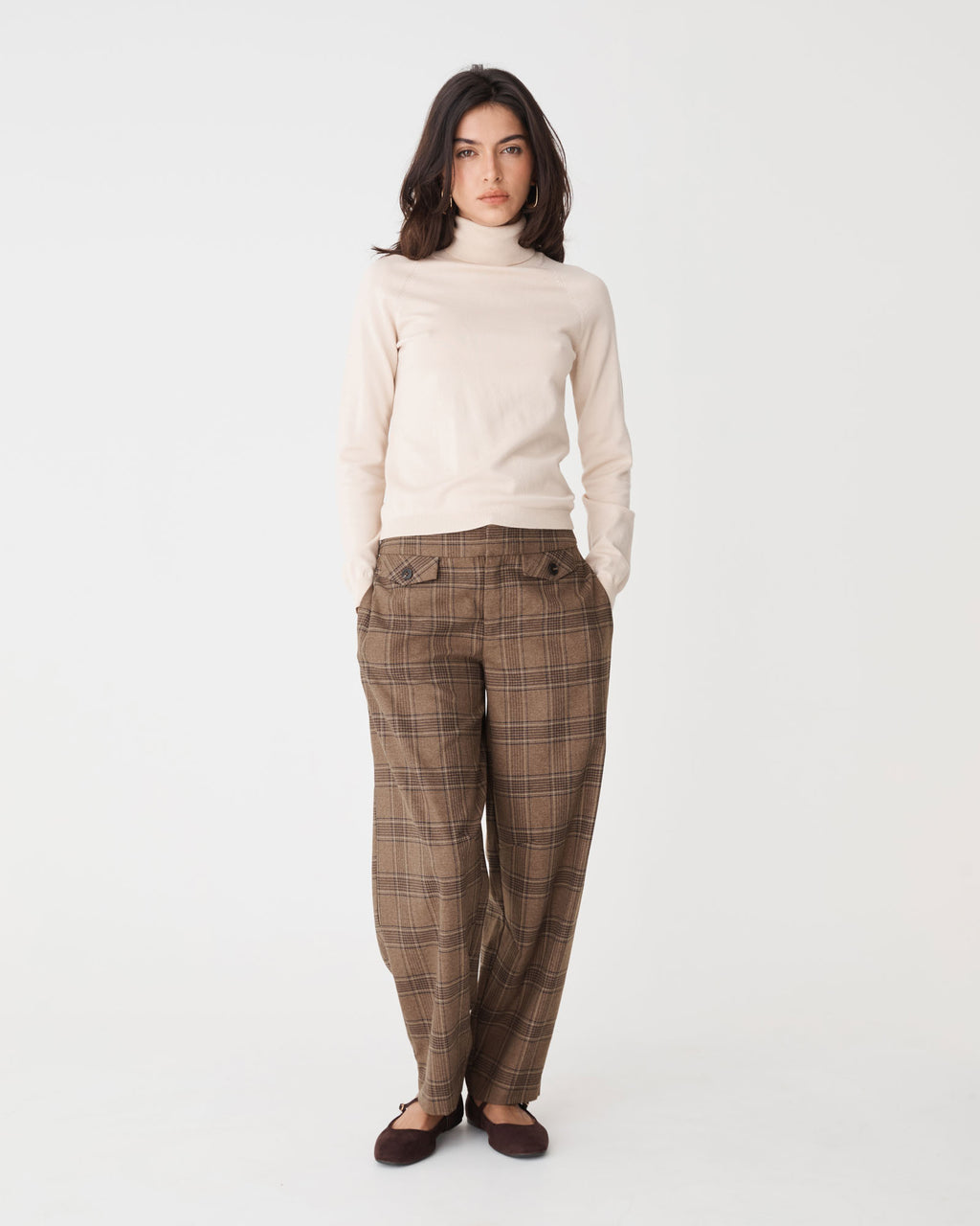 Lani Barrel Leg Check Pants in camel check — full-length view