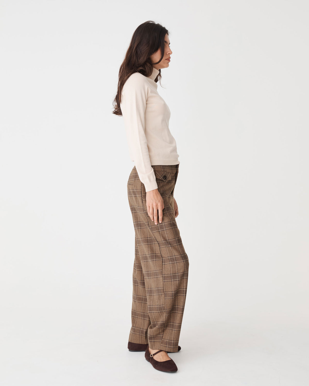 Lani Barrel Leg Check Pants in camel check — side view