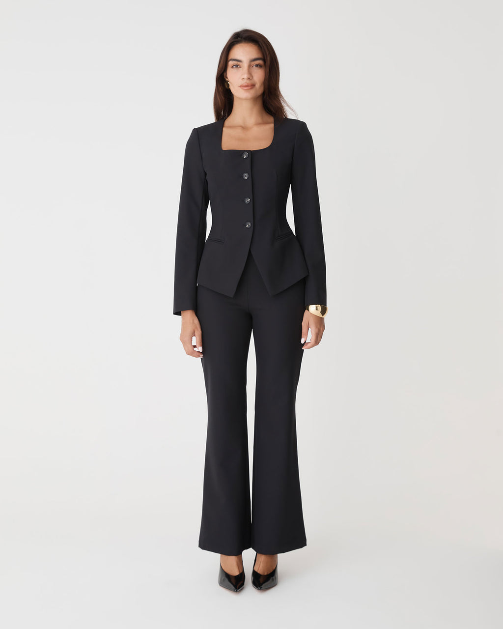 Thea Bootleg Pants in black — full-length view