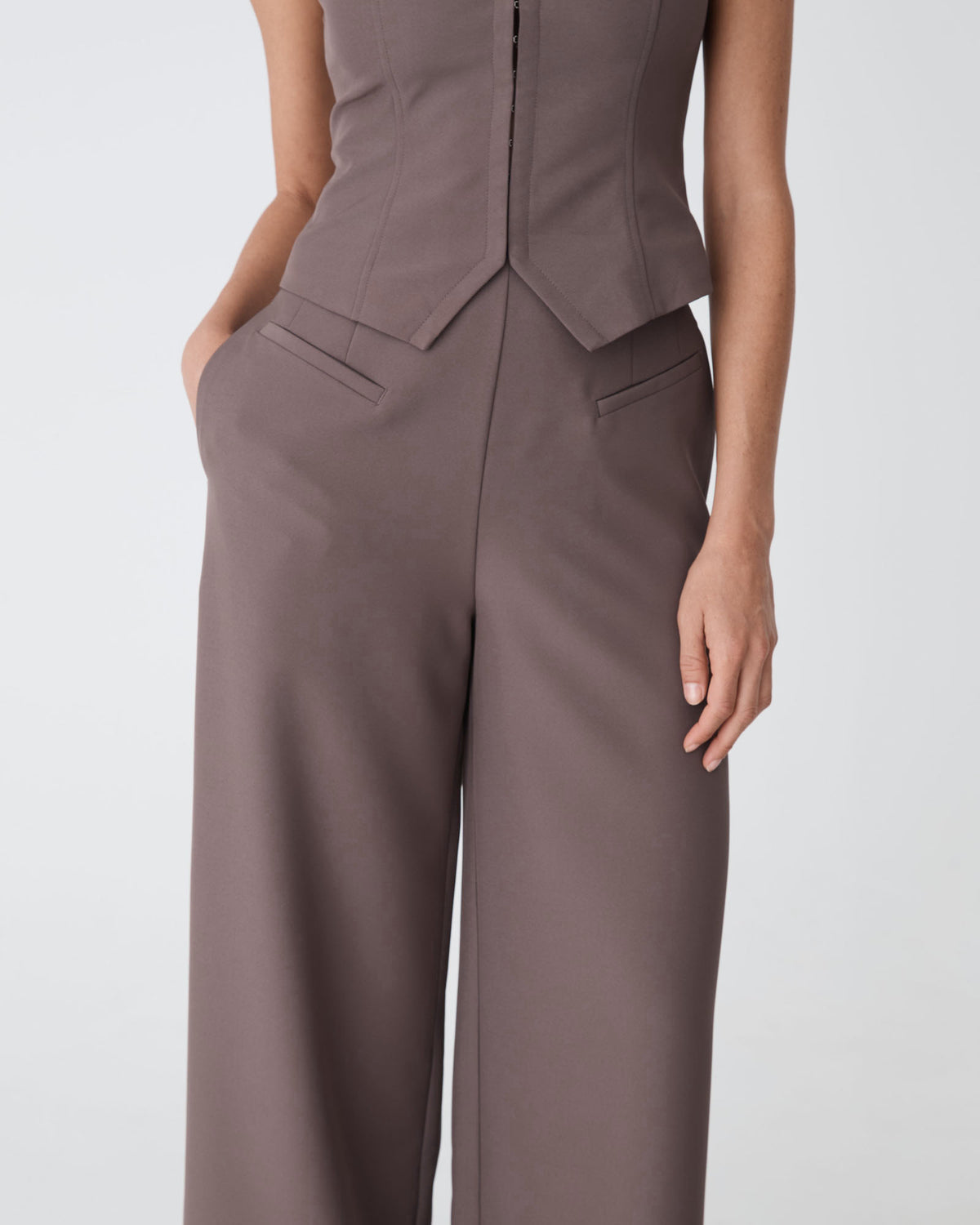 Dakota Basque Waist Pants in truffle — close-up view
