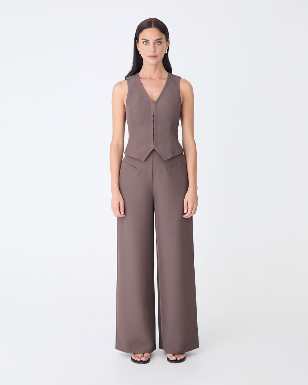 Dakota Basque Waist Pants in truffle — full-length view