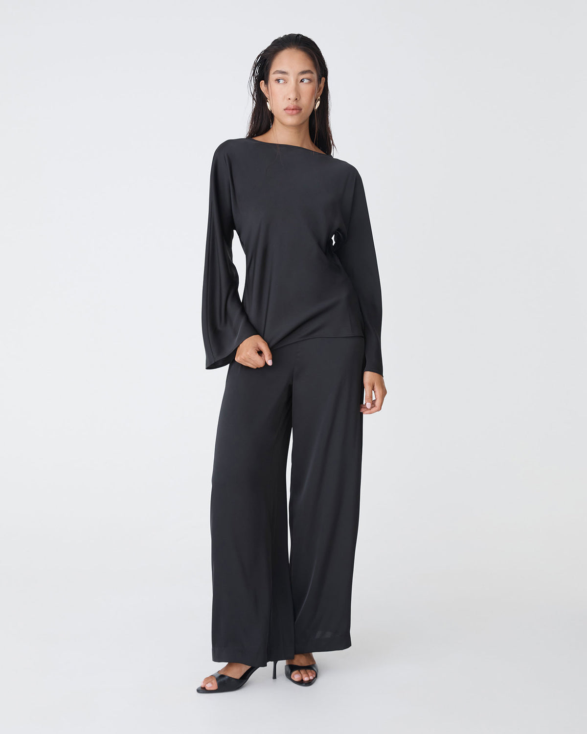 Asma Satin Wide Leg Pants in black — full-length view
