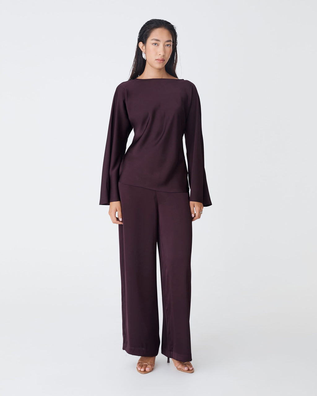 Asma Satin Wide Leg Pants in ganache — full-length view 2