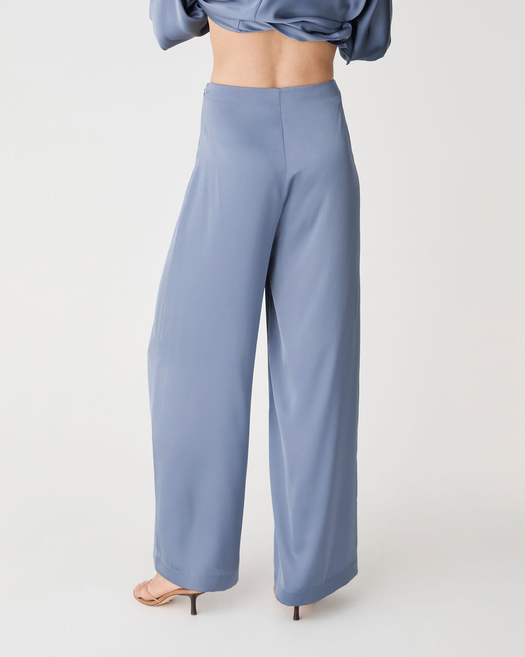 Asma Satin Wide Leg Pants in slate blue — back view