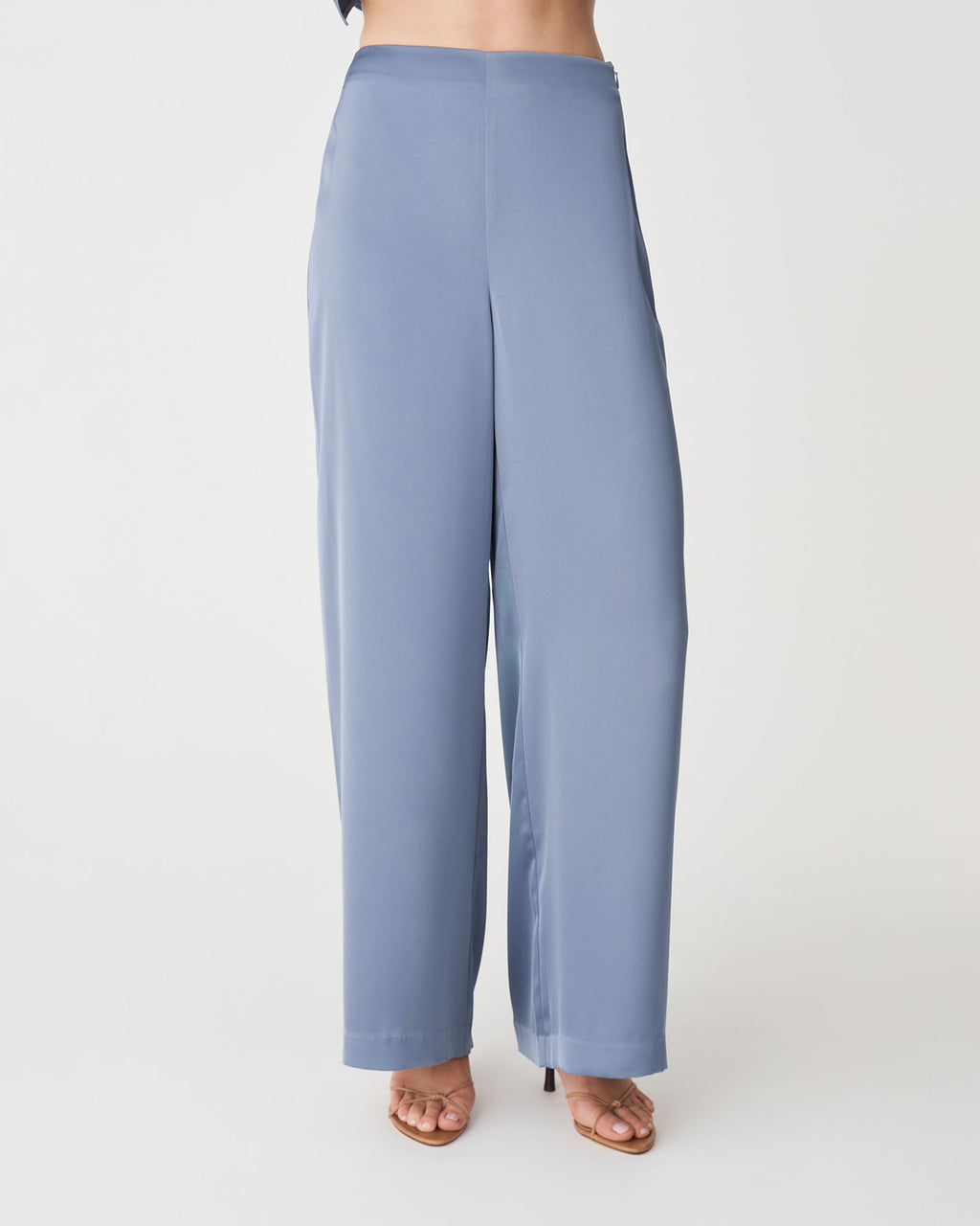Asma Satin Wide Leg Pants in slate blue — close-up view