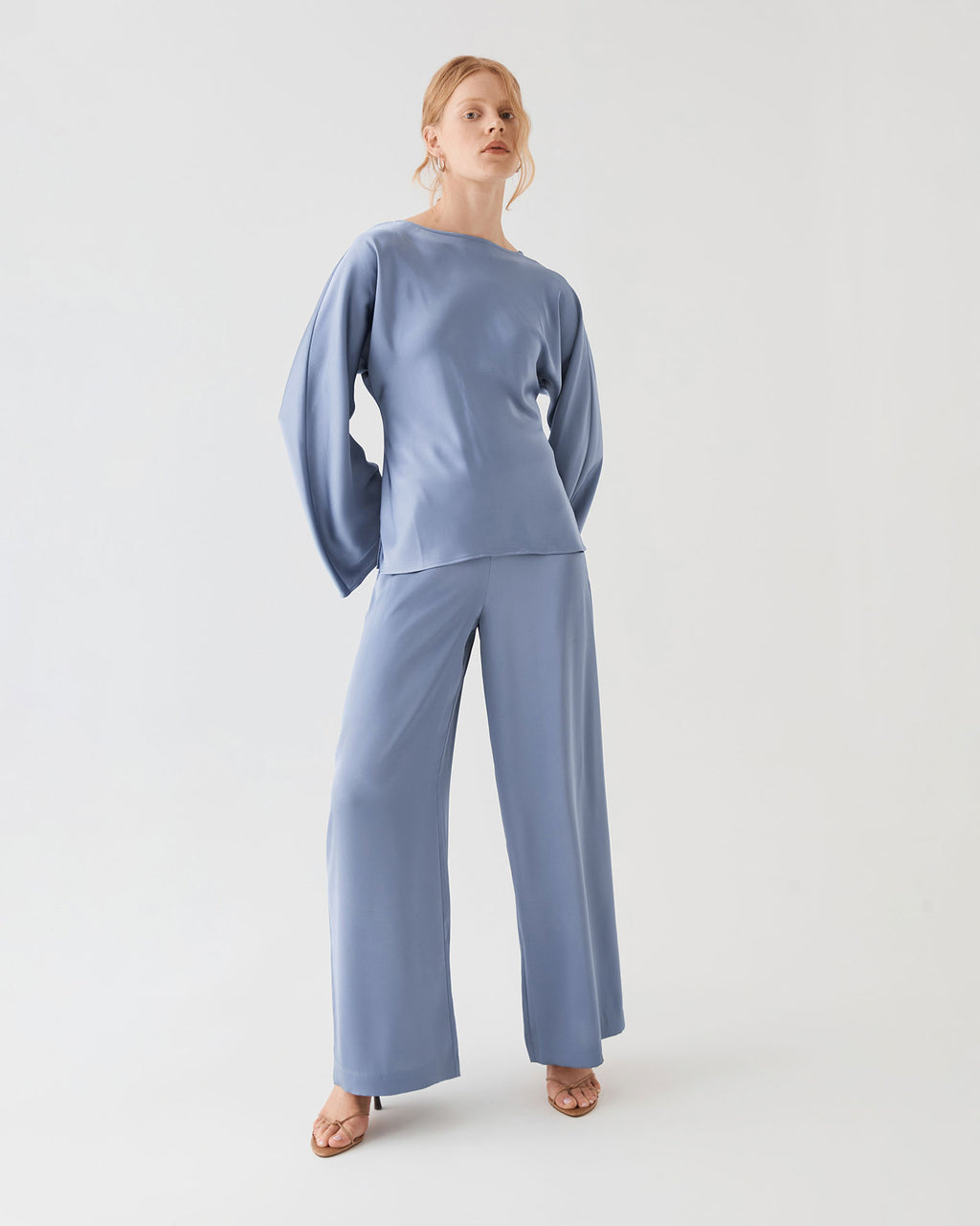 Asma Satin Wide Leg Pants in slate blue — full-length view
