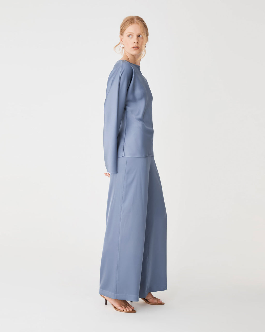 Asma Satin Wide Leg Pants in slate blue — side view