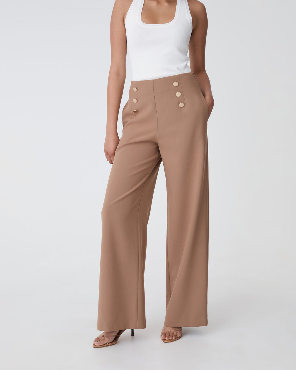 Evie Wide Leg Sailor Pants in biscuit — close-up view