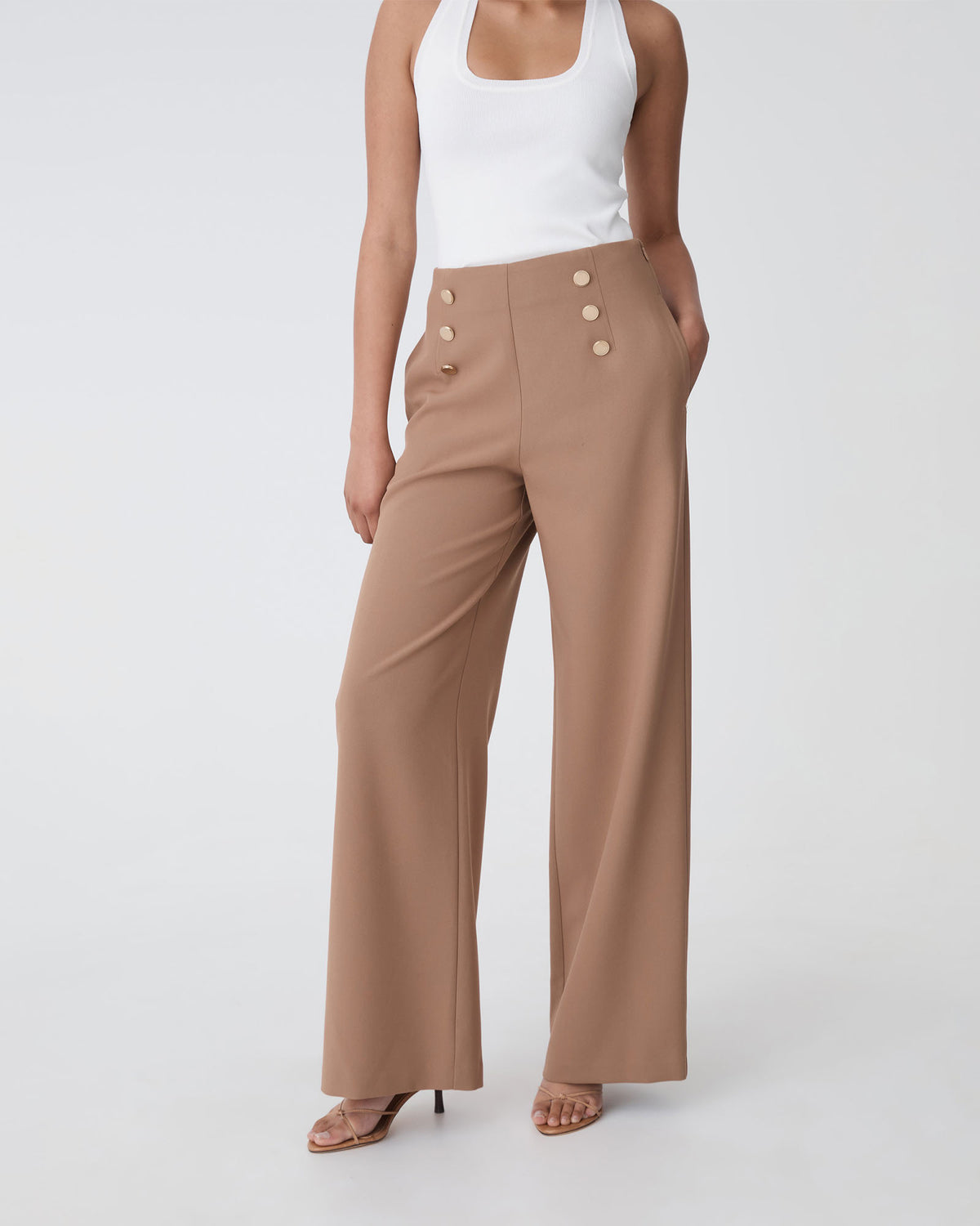 Evie Wide Leg Sailor Pants in biscuit — close-up view