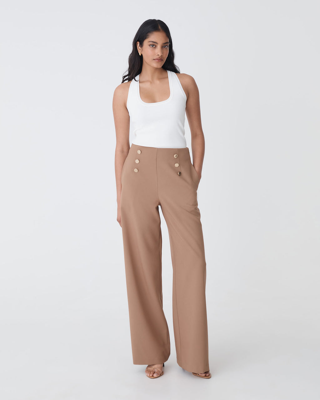 Evie Wide Leg Sailor Pants in biscuit — full-length view