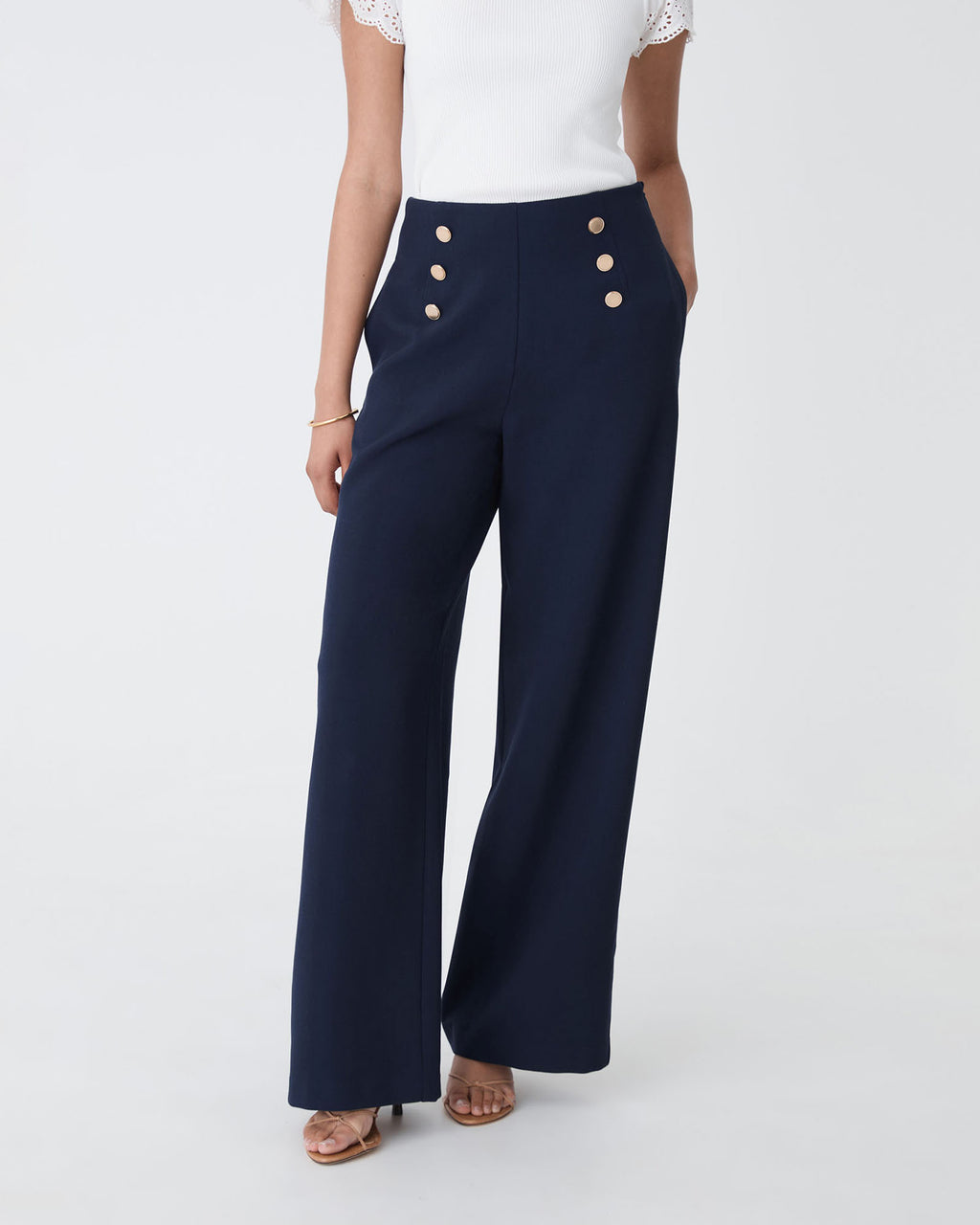 Evie Wide Leg Sailor Pants in navy — close-up view