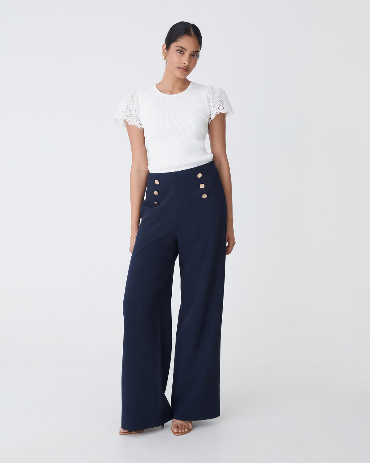 Evie Wide Leg Sailor Pants in navy — full-length view