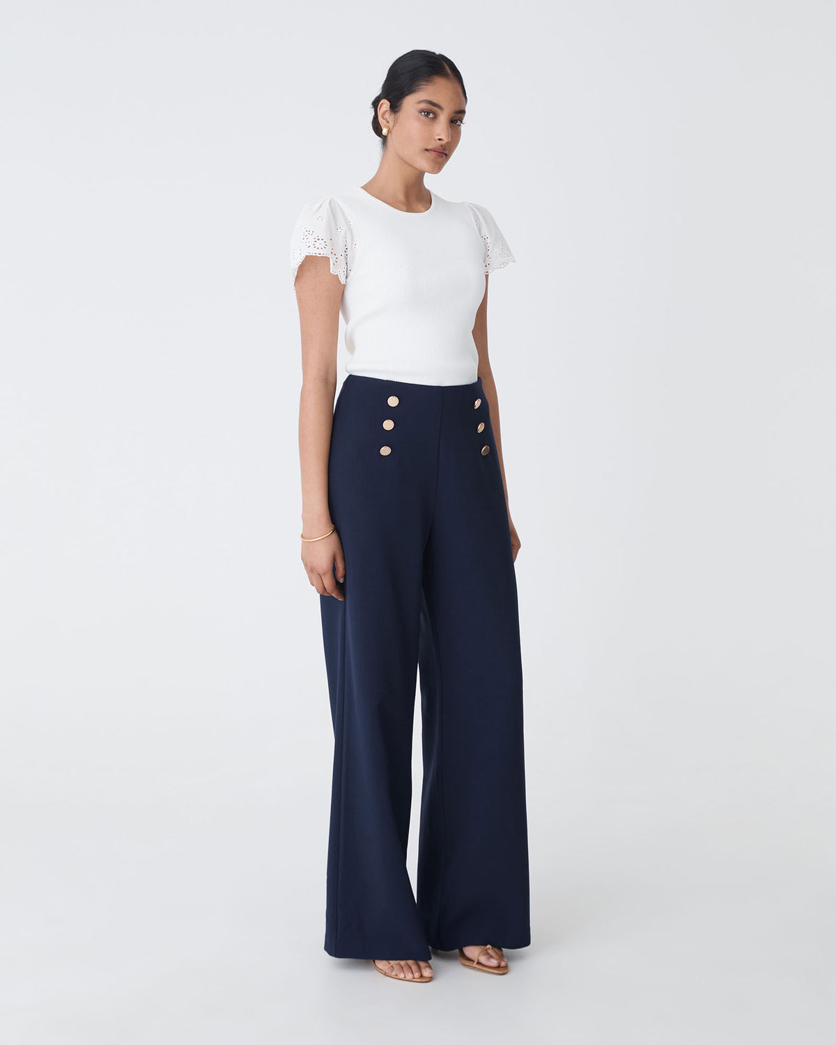 Evie Wide Leg Sailor Pants in navy — full-length view 2