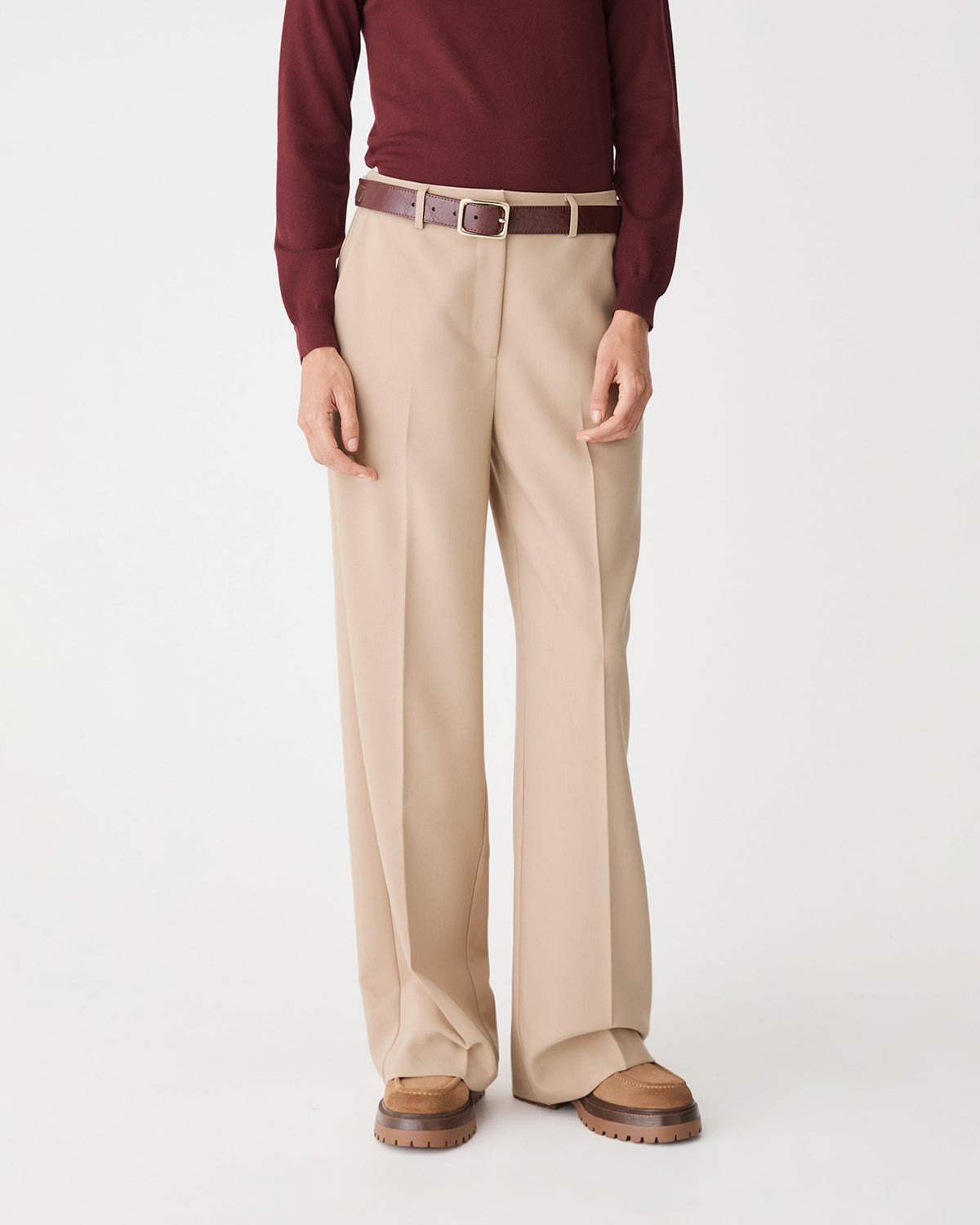 Ash Adjustable Waist Pants in latte — close-up view