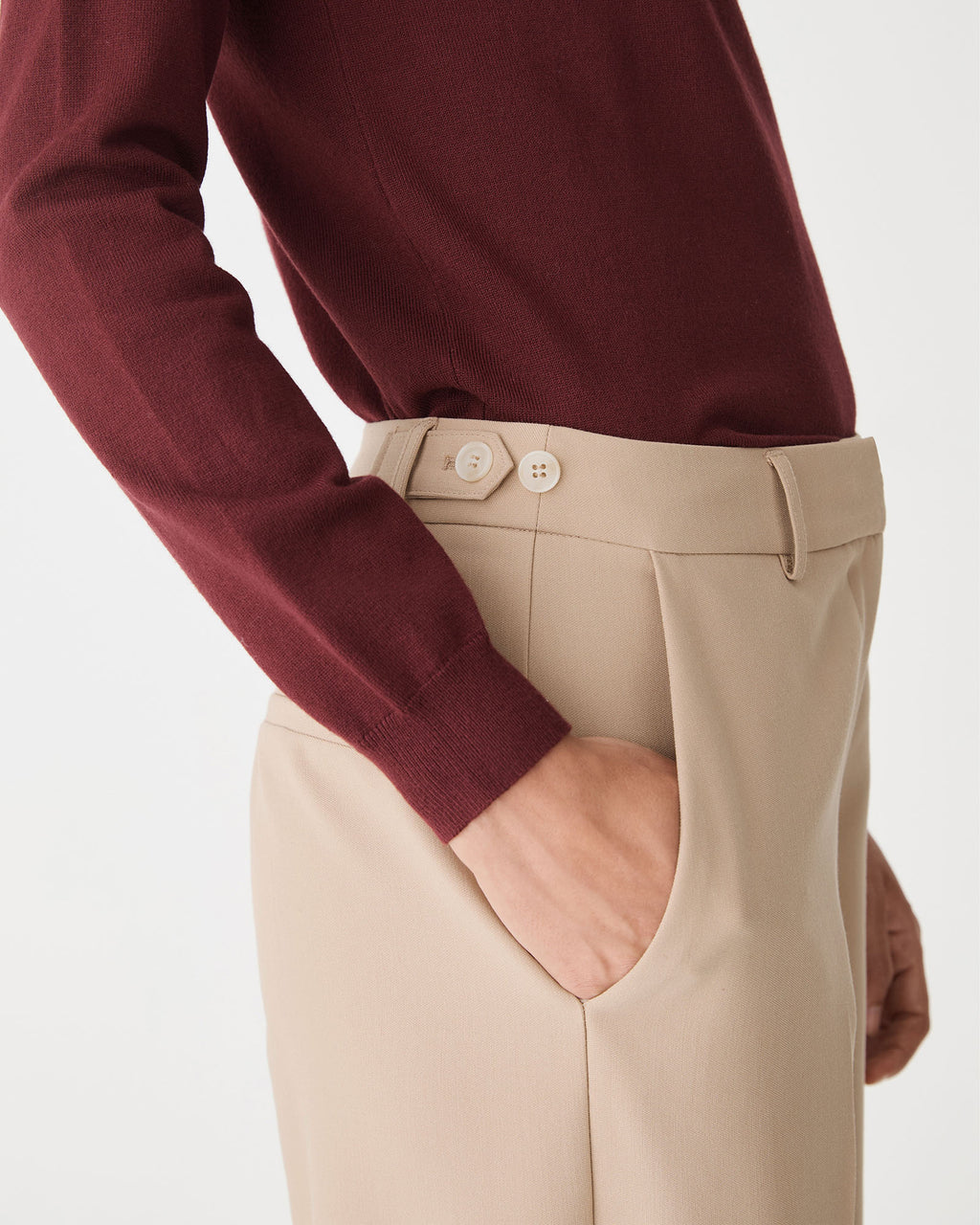 Ash Adjustable Waist Pants in latte — fabric detail