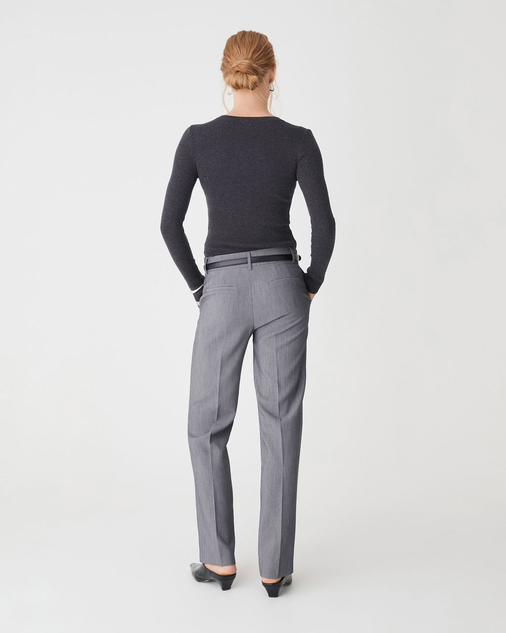 Nikki Mid Rise Straight Pants in melange grey — back view