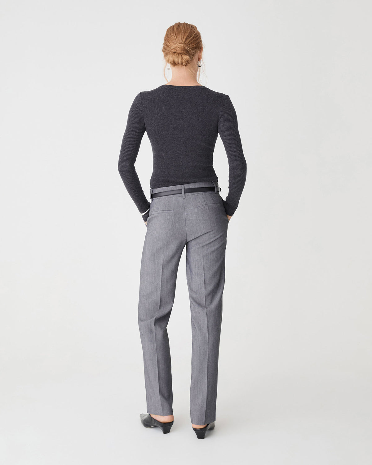 Nikki Mid Rise Straight Pants in melange grey — back view