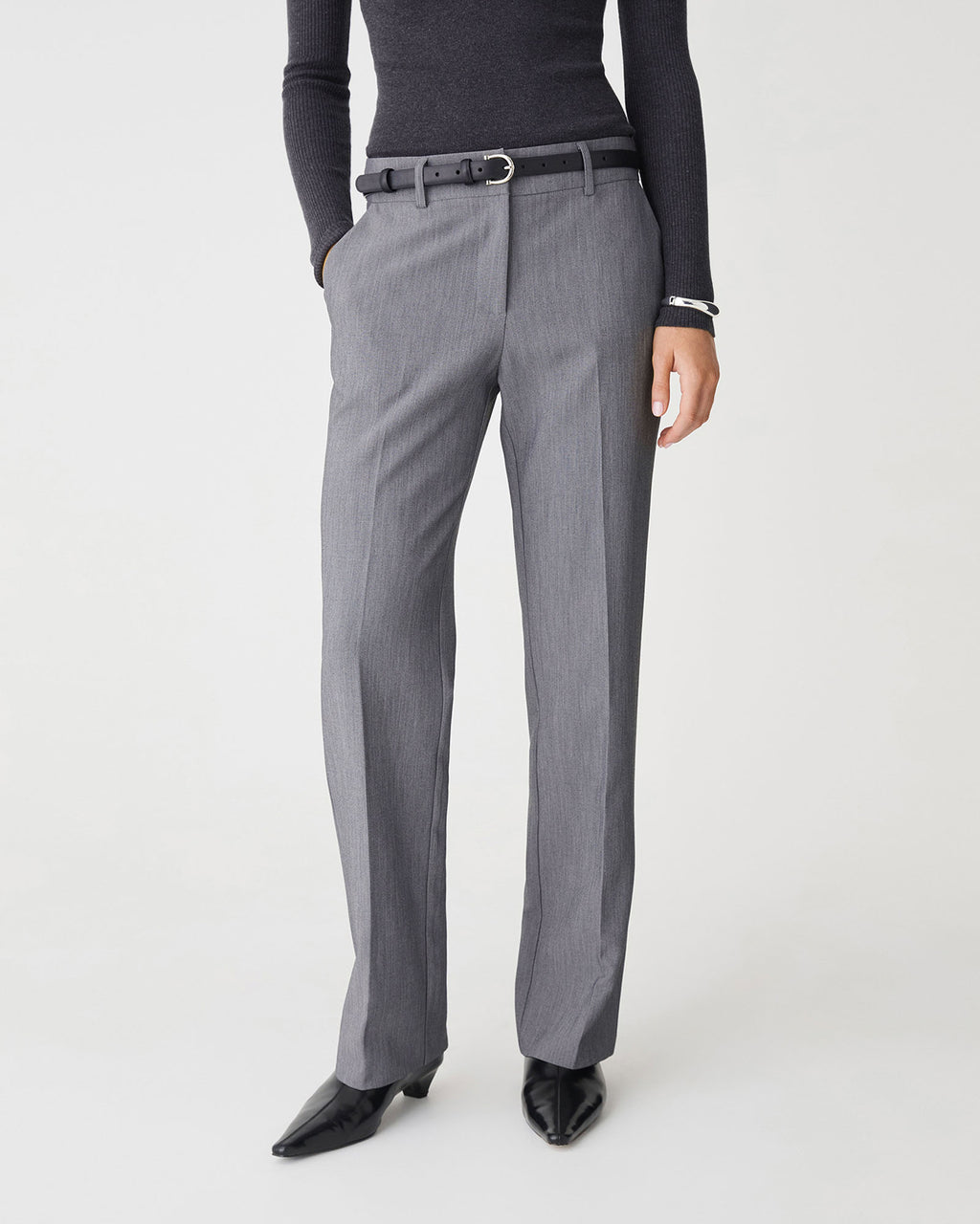 Nikki Mid Rise Straight Pants in melange grey — close-up view