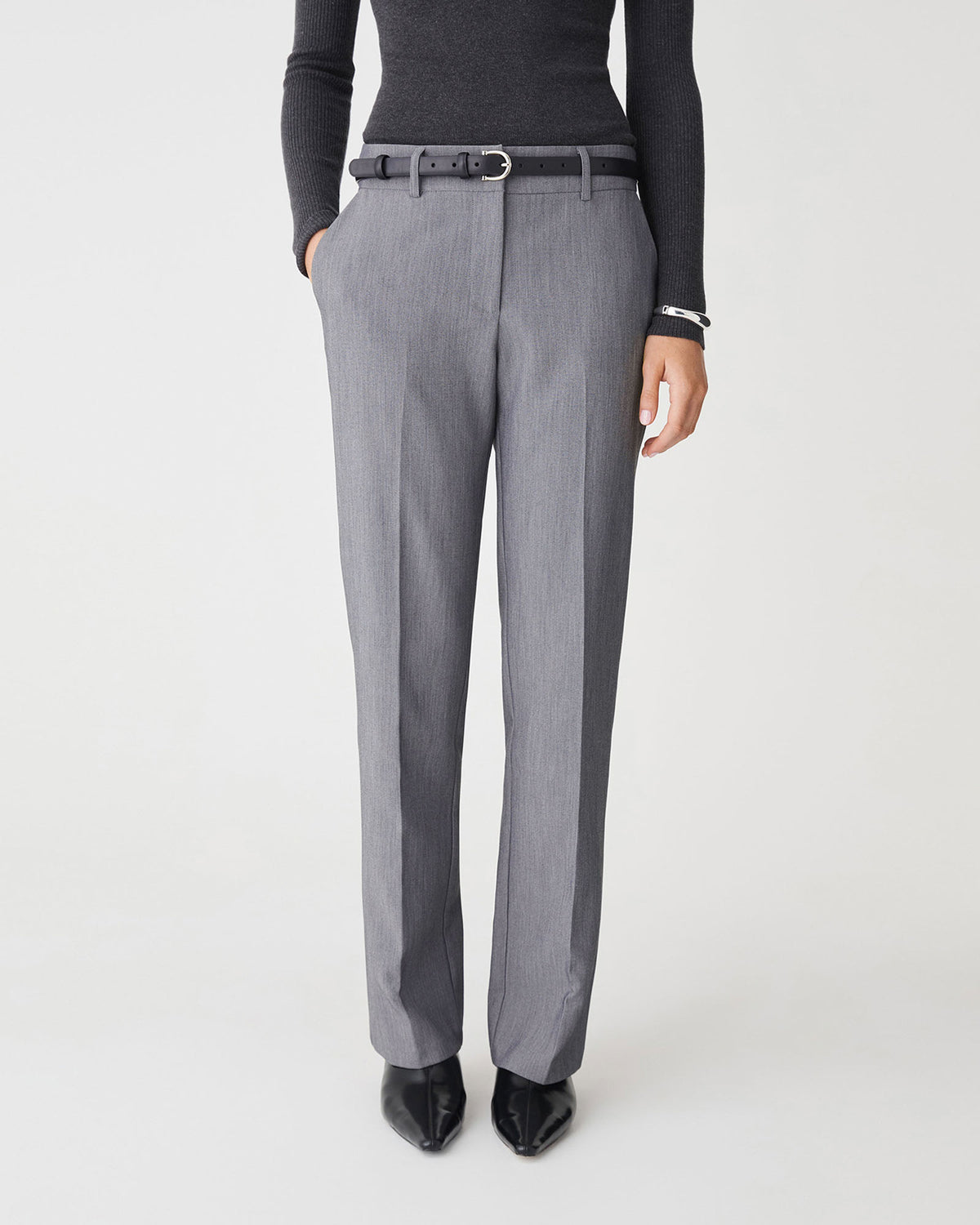 Nikki Mid Rise Straight Pants in melange grey — close-up view 2