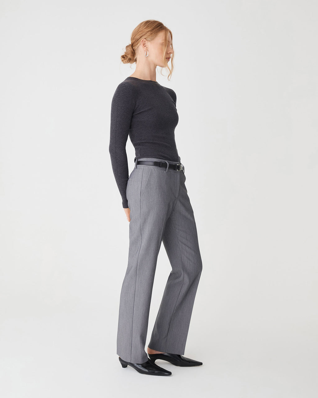 Nikki Mid Rise Straight Pants in melange grey — side view