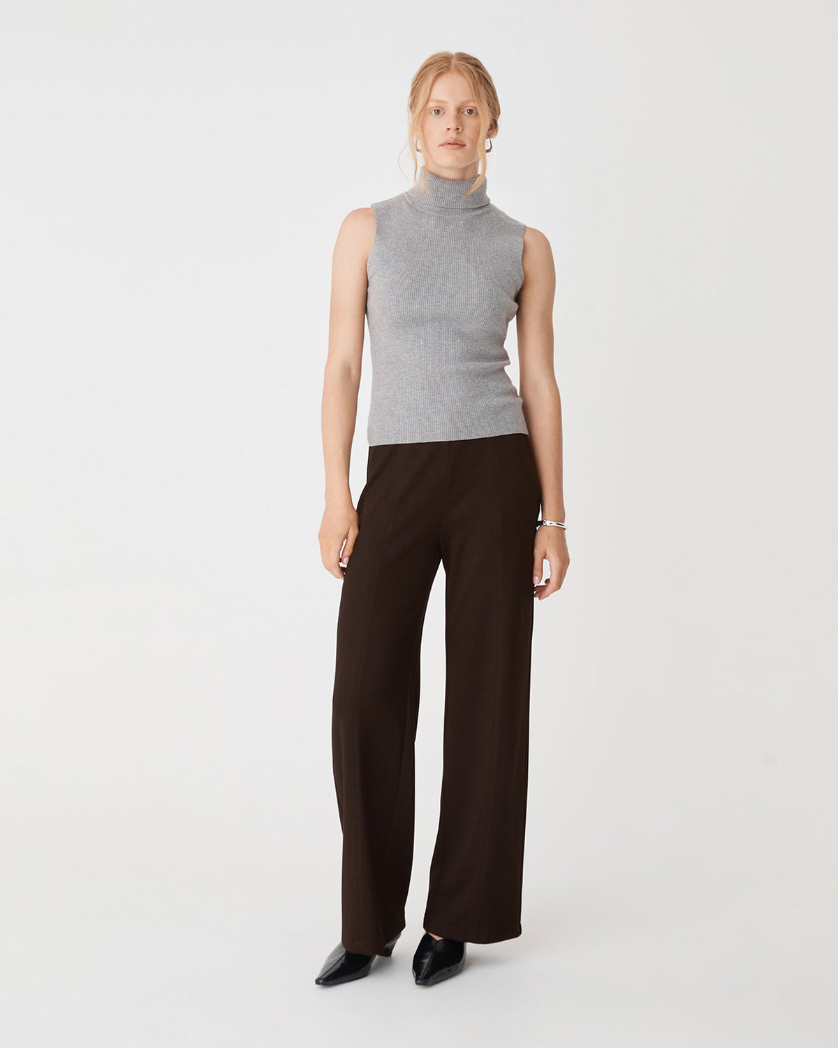 Juno Wide Leg Ponte Pants in chocolate — full-length view