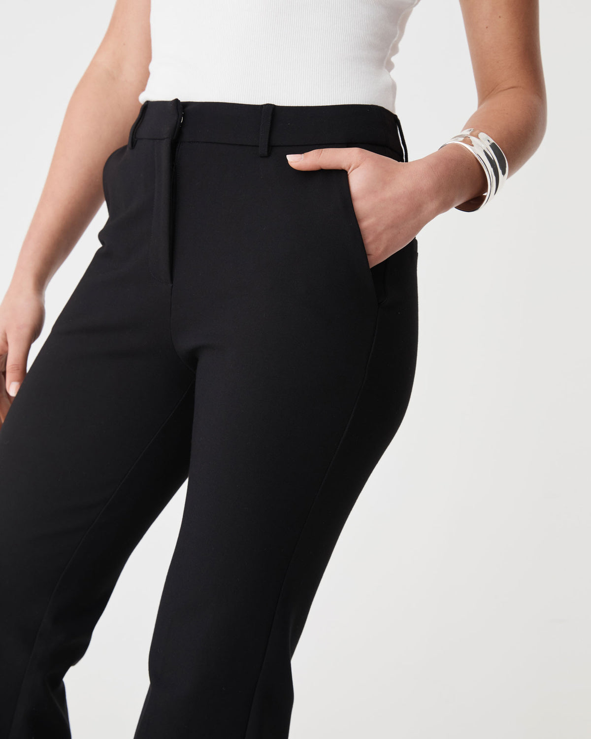 Sutton Bootcut Ponte Pants in black — fabric detail