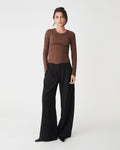 Arden Mid Rise Pleated Pants in black — full-length view