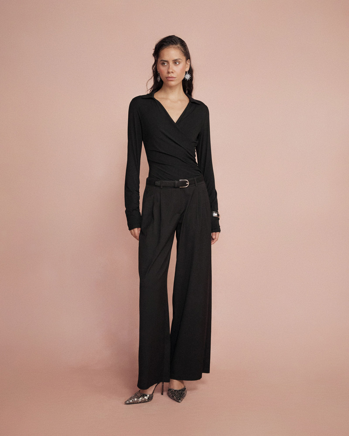 Arden Mid Rise Pleated Pants in black — full-length view 2