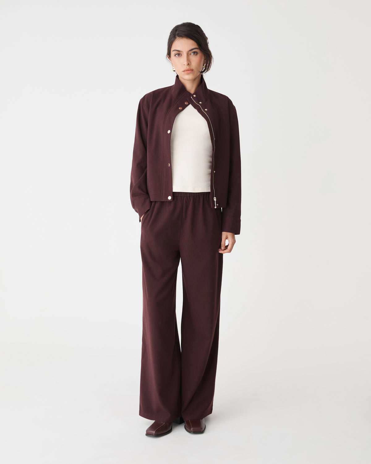 Irene Elastic Waist Pants in mahogany — full-length view