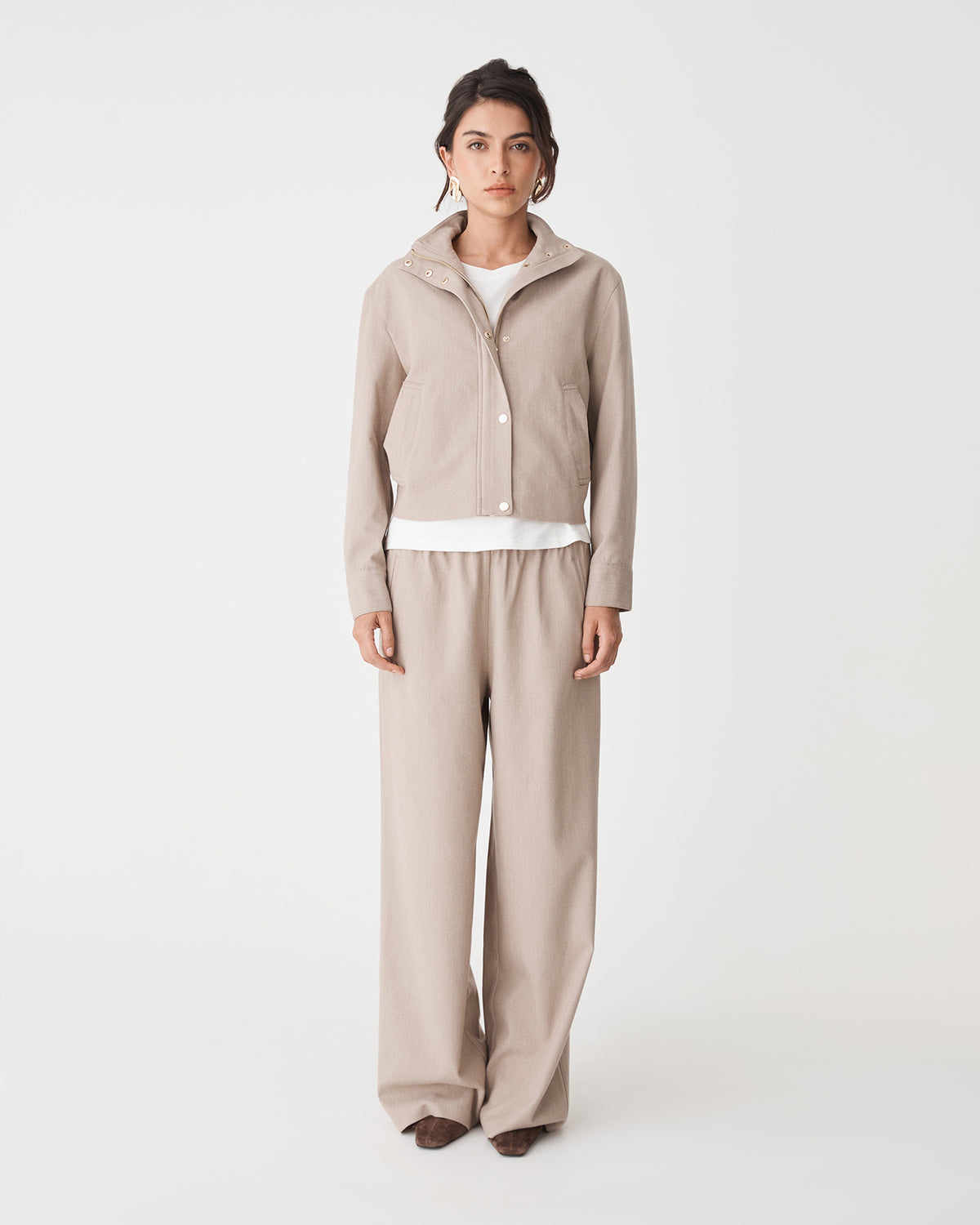 Irene Elastic Waist Pants in oat — full-length view 2