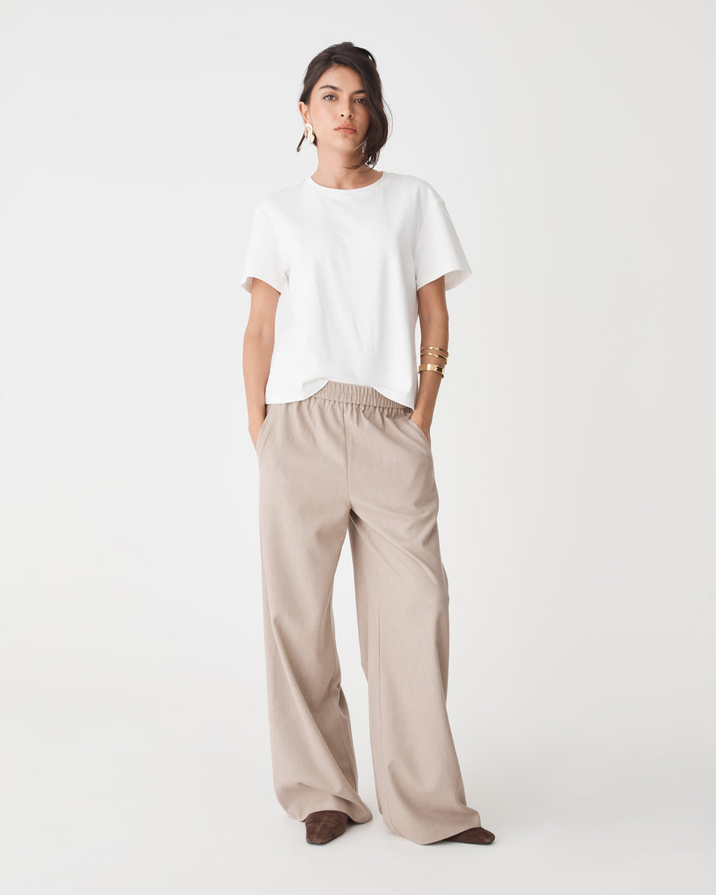 Irene Elastic Waist Pants in oat — full-length view 3