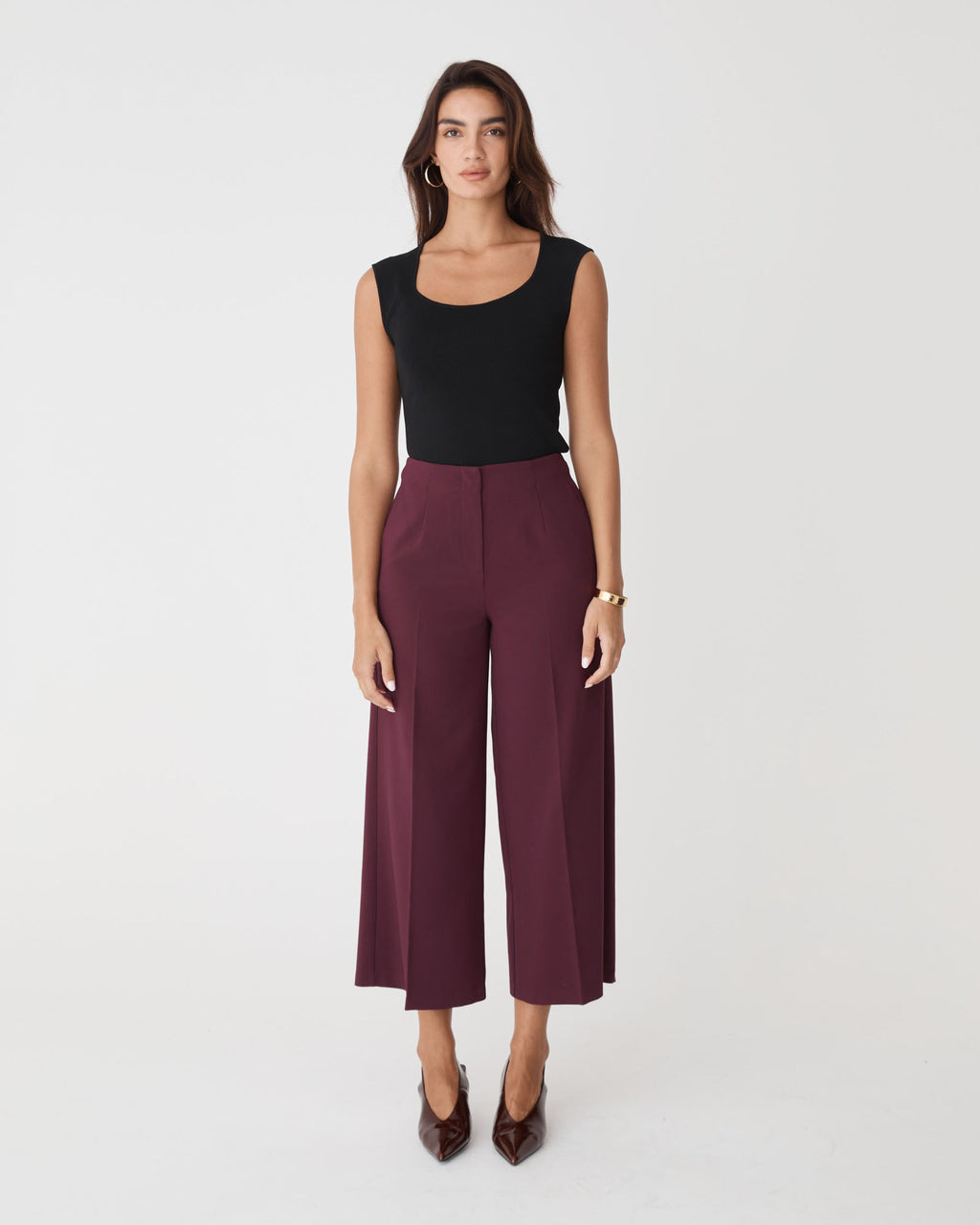 Nikki Culotte Trousers in bordeaux — full-length view