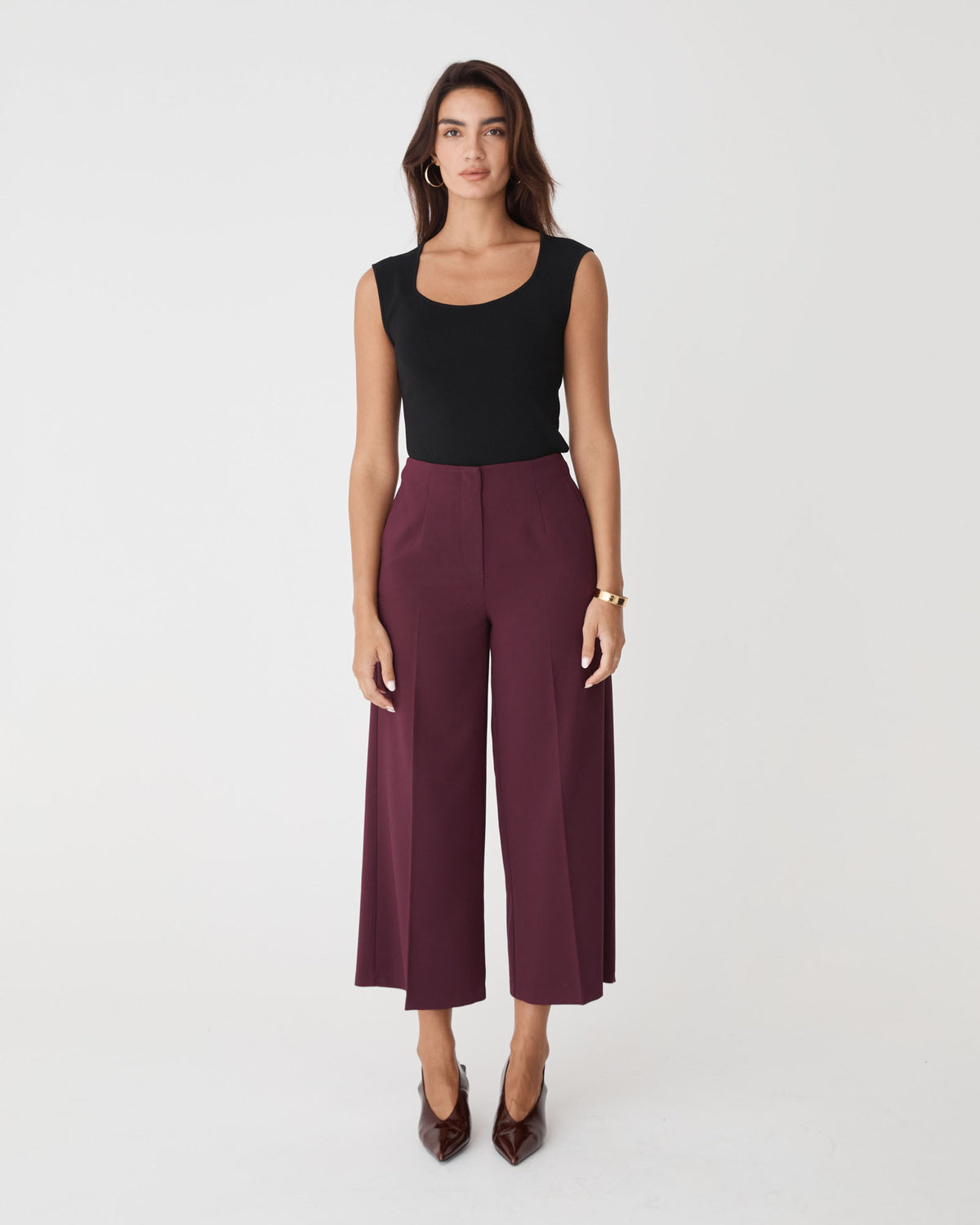 Nikki Culotte Trousers in bordeaux — full-length view
