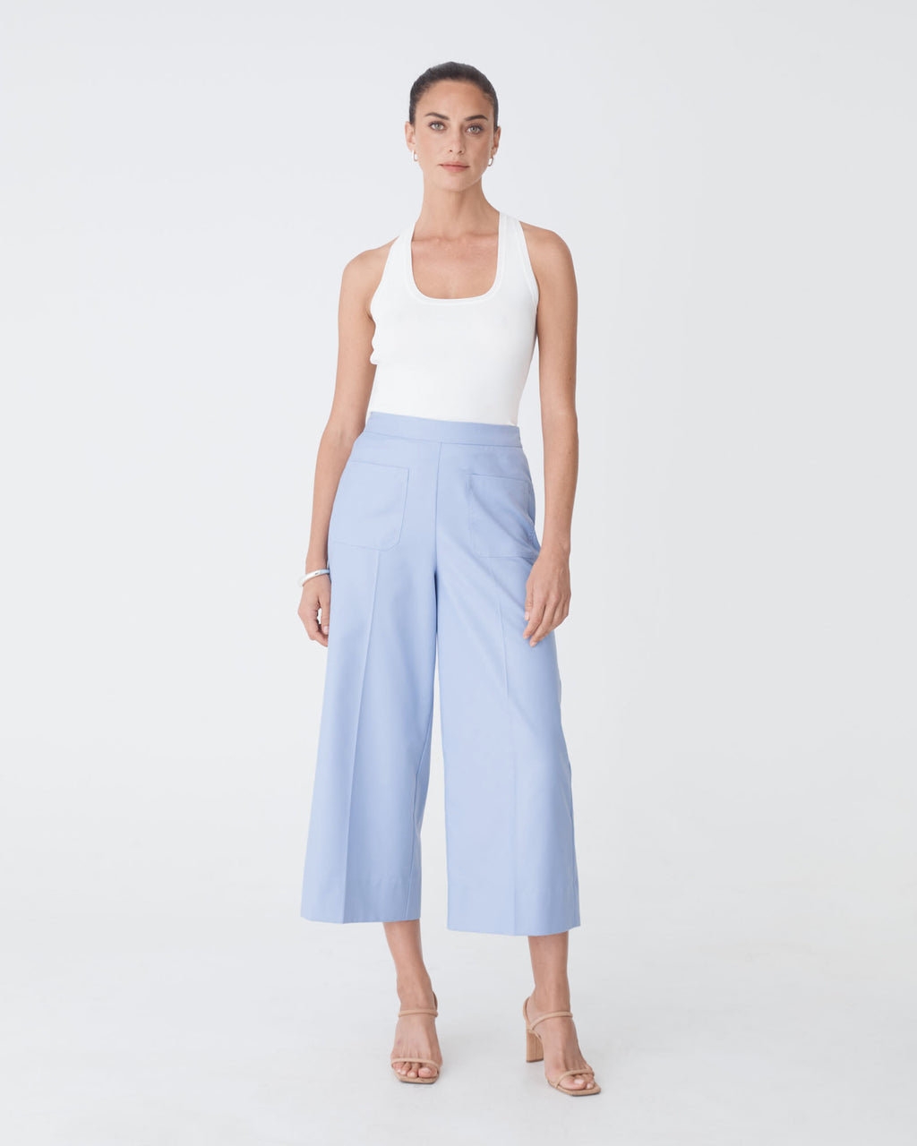 Eden Patch Pocket Culottes in light blue — full-length view