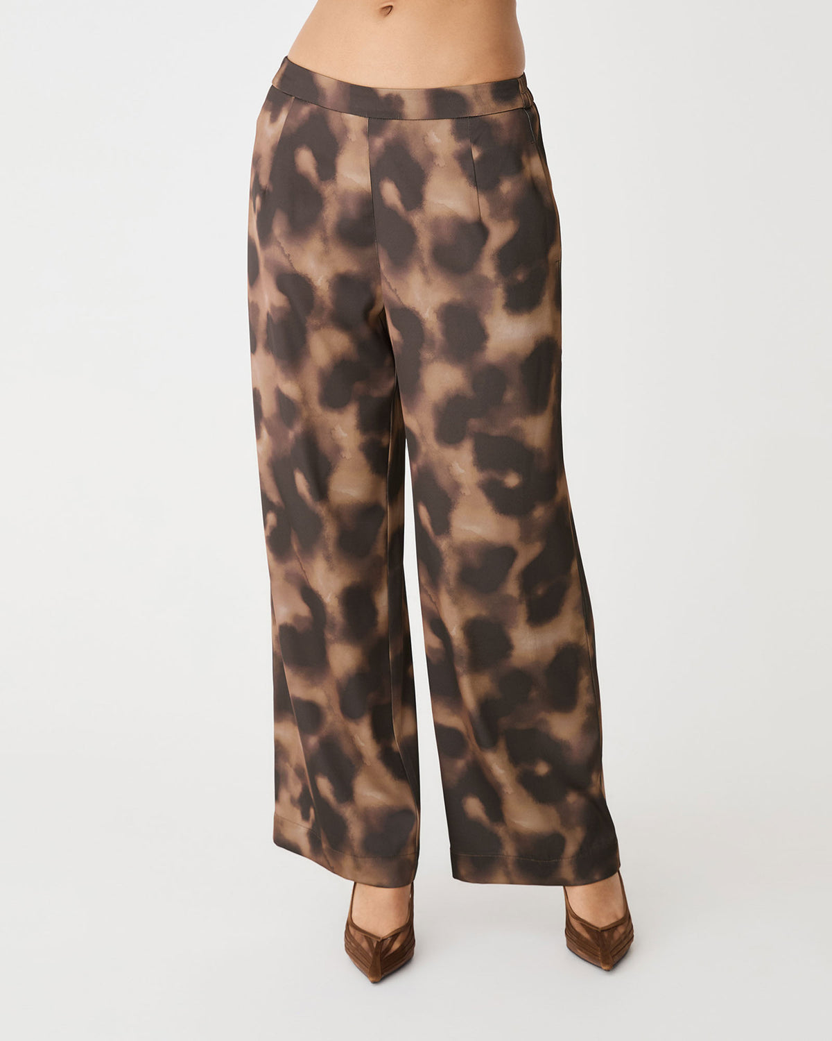 Savanna Printed Satin Pants in brown abstract — close-up view
