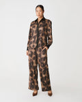 Savanna Printed Satin Pants in brown abstract — full-length view