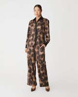 Savanna Printed Satin Pants in brown abstract — full-length view
