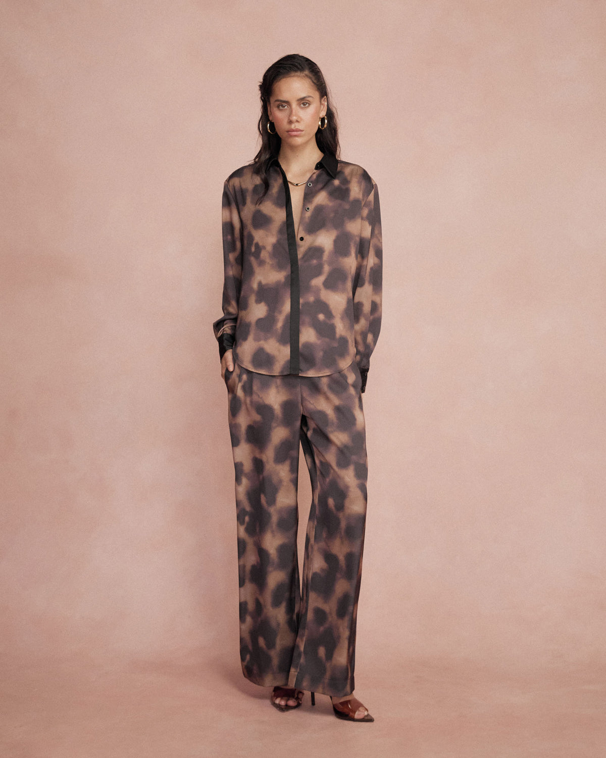 Savanna Printed Satin Pants in brown abstract — full-length view 2