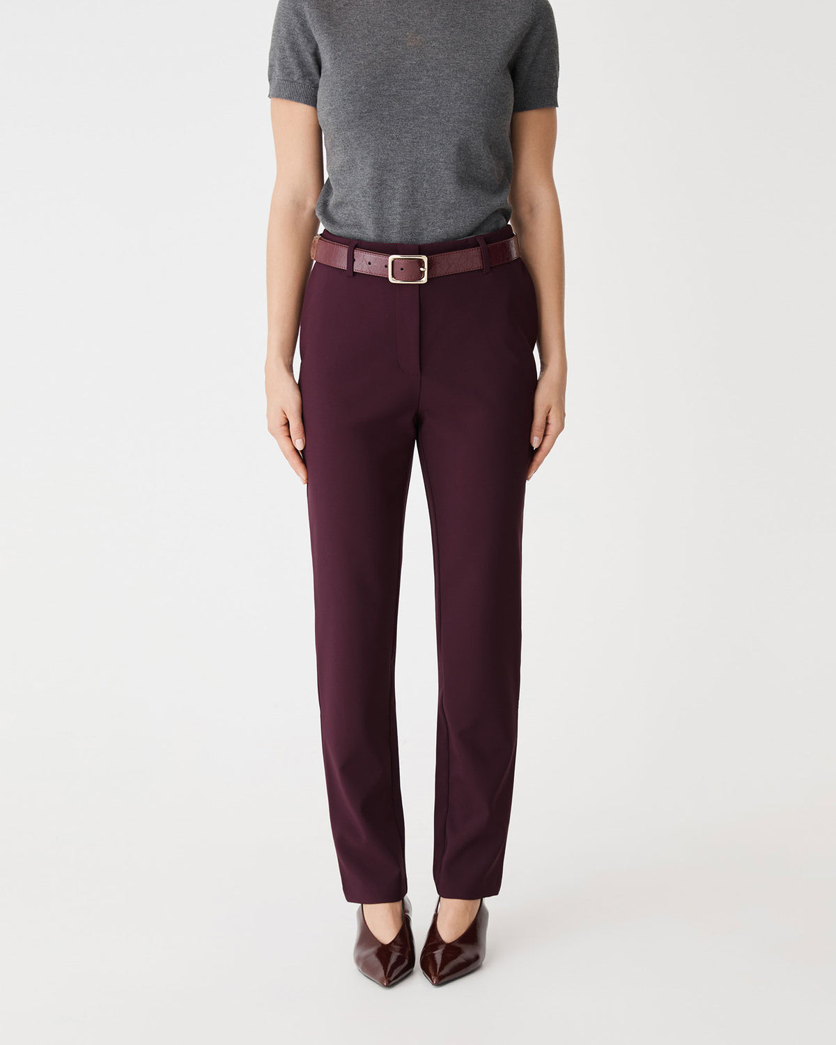 Grace Slim Leg Pants in plum — close-up view