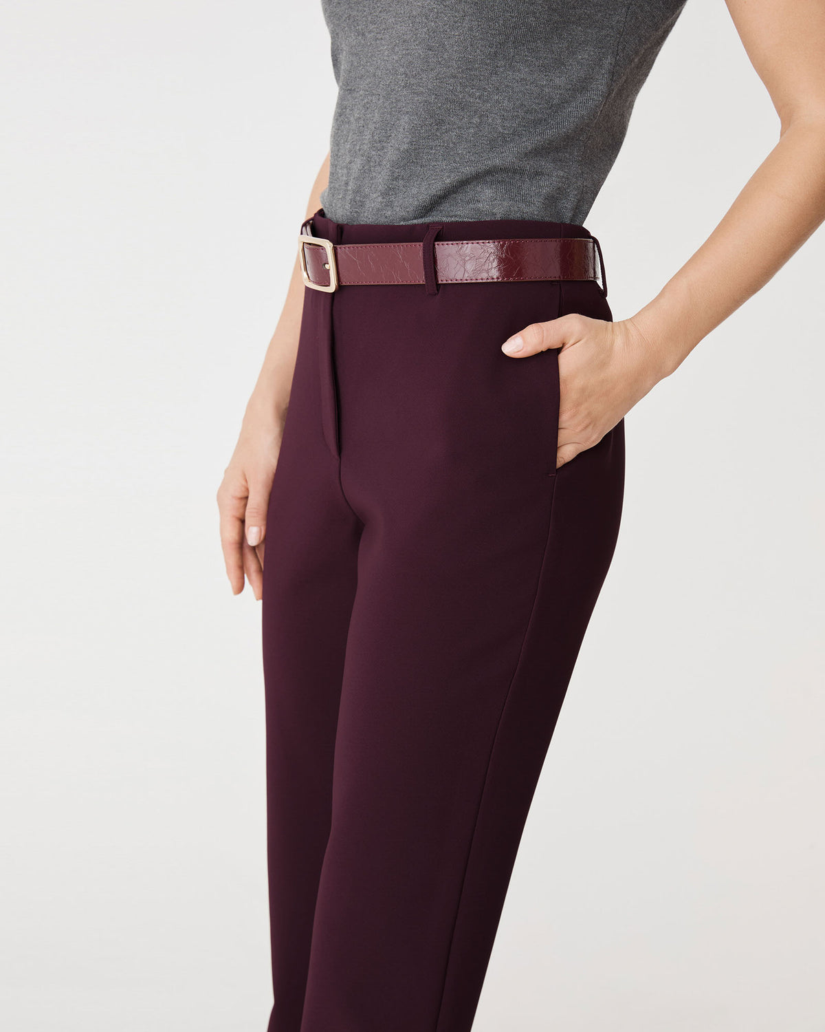 Grace Slim Leg Pants in plum — fabric detail