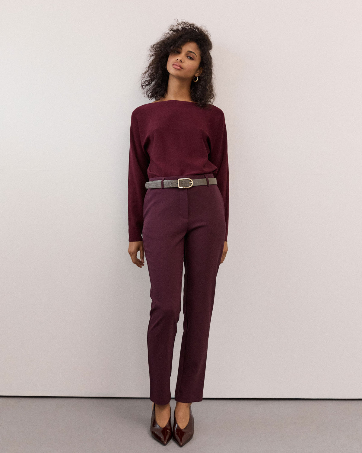 Grace Slim Leg Pants in plum — full-length view 2