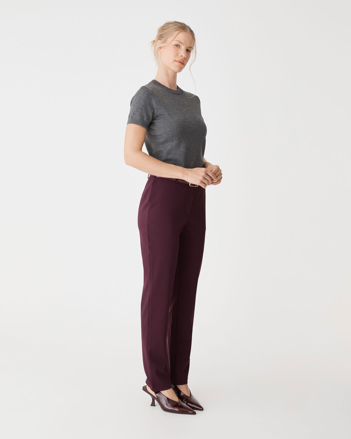 Grace Slim Leg Pants in plum — side view