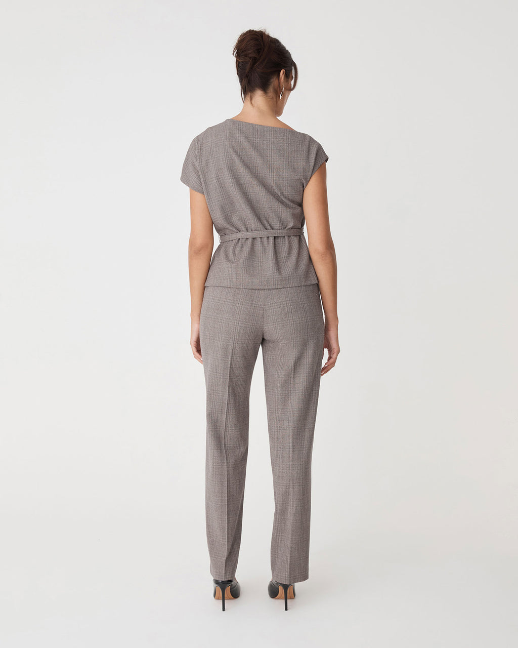 Loretta Straight Check Pants in latte check — back view