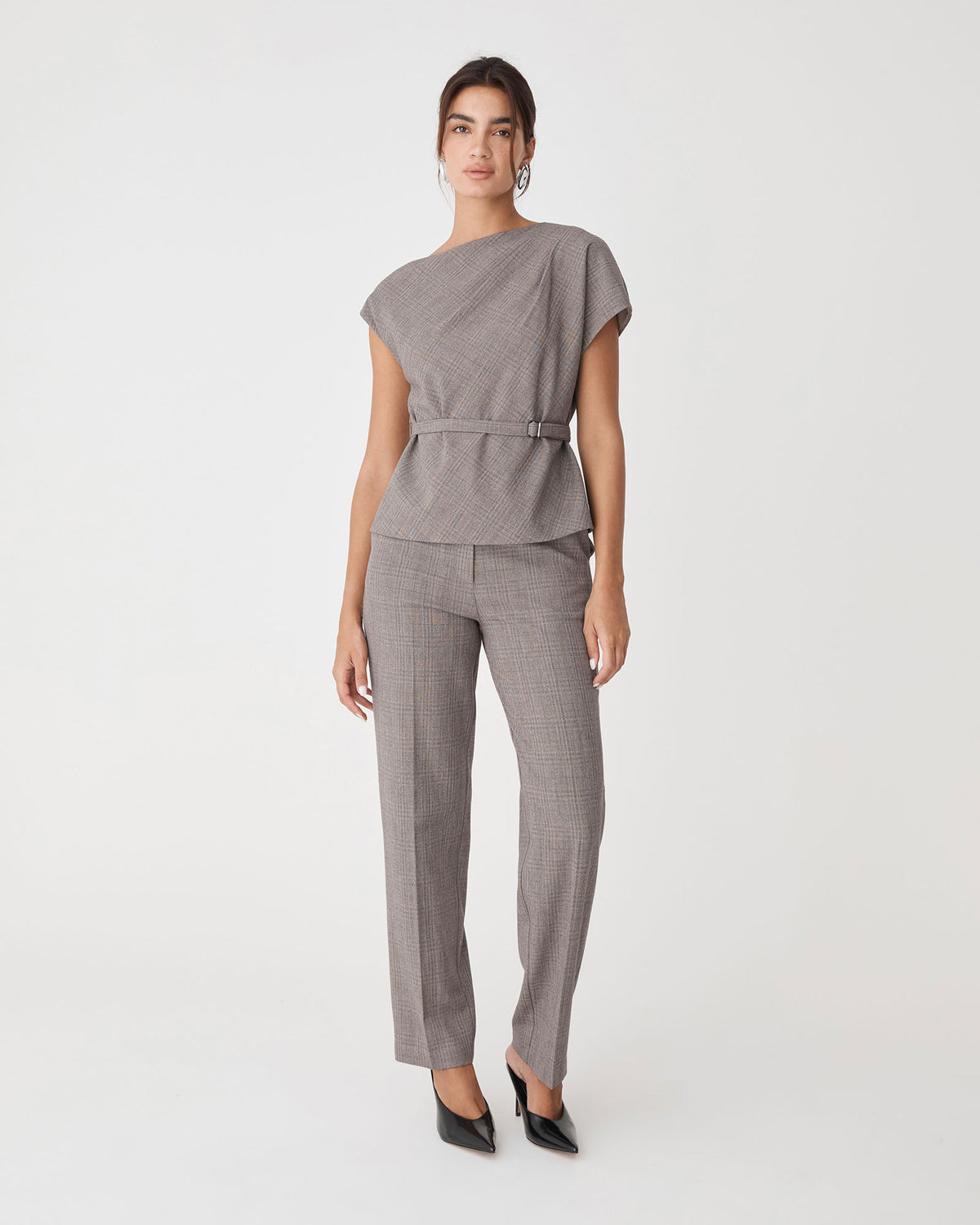 Loretta Straight Check Pants in latte check — full-length view