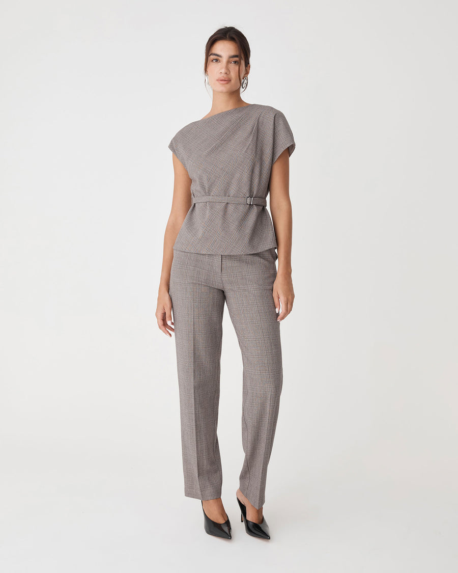 Loretta Straight Check Pants in latte check — full-length view