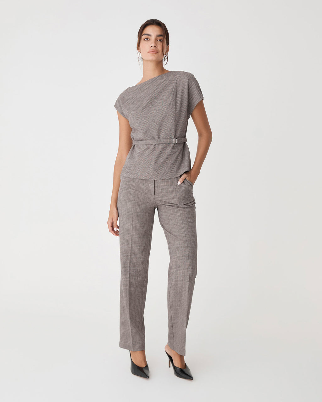Loretta Straight Check Pants in latte check — full-length view 2
