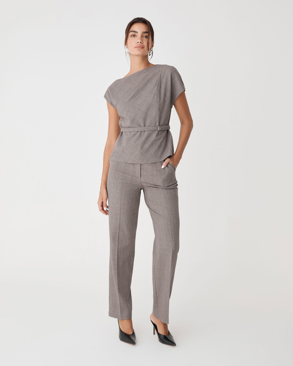 Loretta Straight Check Pants in latte check — full-length view 2