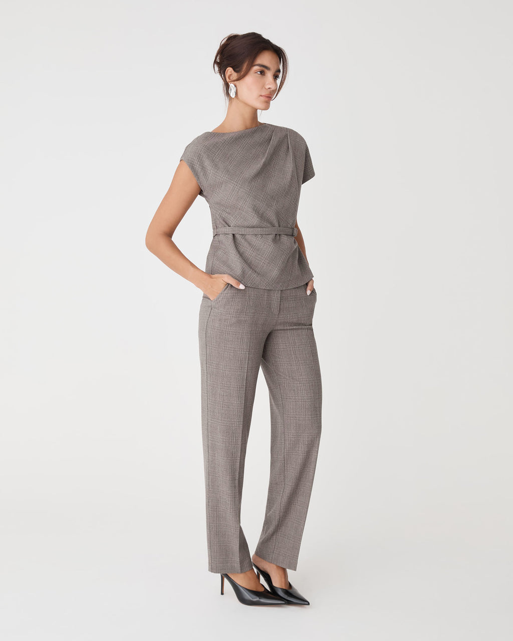 Loretta Straight Check Pants in latte check — side view