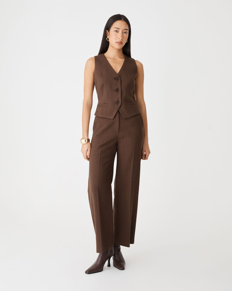 Zara Pinstripe Tailored Pants in chocolate pinstripe — full-length view